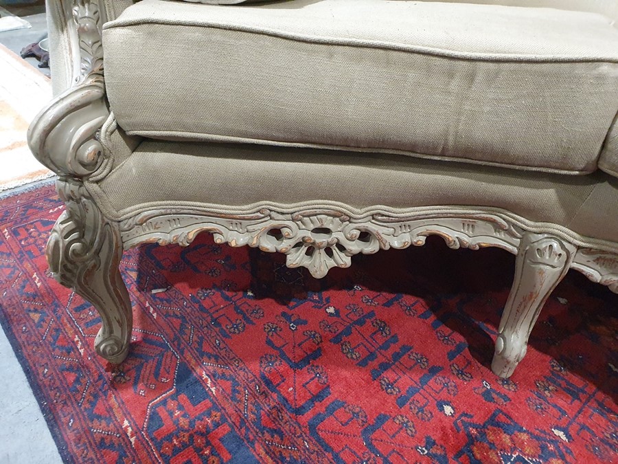 Modern French-style beige painted and upholstered curved three-seat sofa and cushions Condition - Image 12 of 24