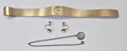 Lady's Montine stainless steel wristwatch, a pair of earrings and a silver fish pendant on chain (3)