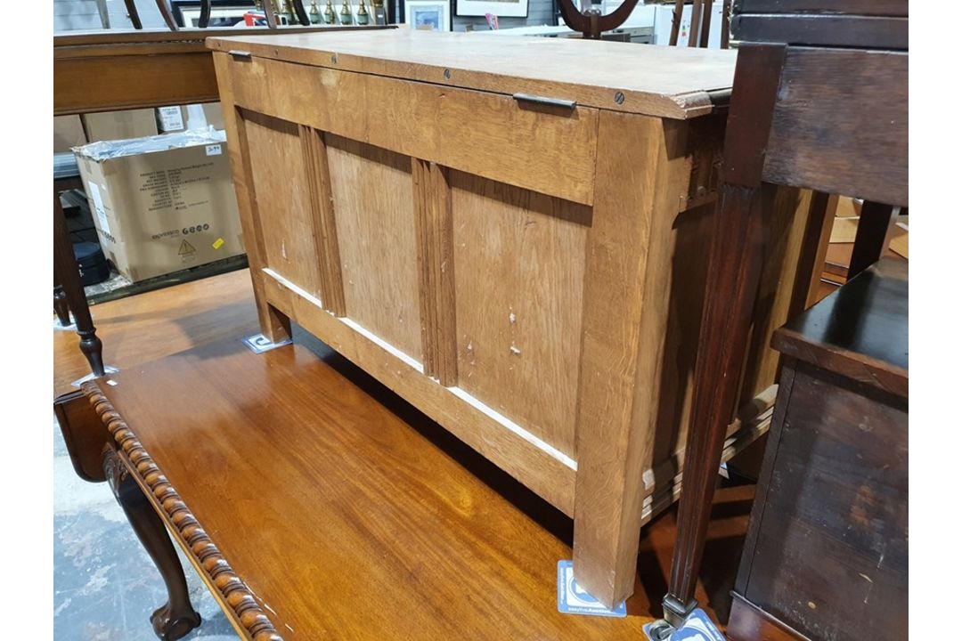 20th century oak coffer, rectangular top with moulded edge, three panels to the front, shaped - Image 24 of 24