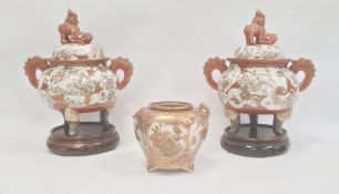 Pair Japanese Kutani earthenware koros, each with domed lid having temple lion finial, the bulbous