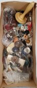 Quantity vintage buttons, darning mushroom and a reproduction needlepoint covered circular stool
