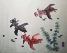 Pair Chinese silk embroidered roundels, floral spray and landscape, each 29cm dia., framed and