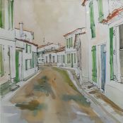 Evan C B - 20th century Pen, ink and watercolour Street scene with chickens in the foreground,