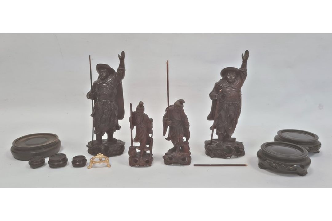 Two various pairs of Japanese carved hardwood figures, the tallest 21cm and a small quantity of - Image 1 of 3