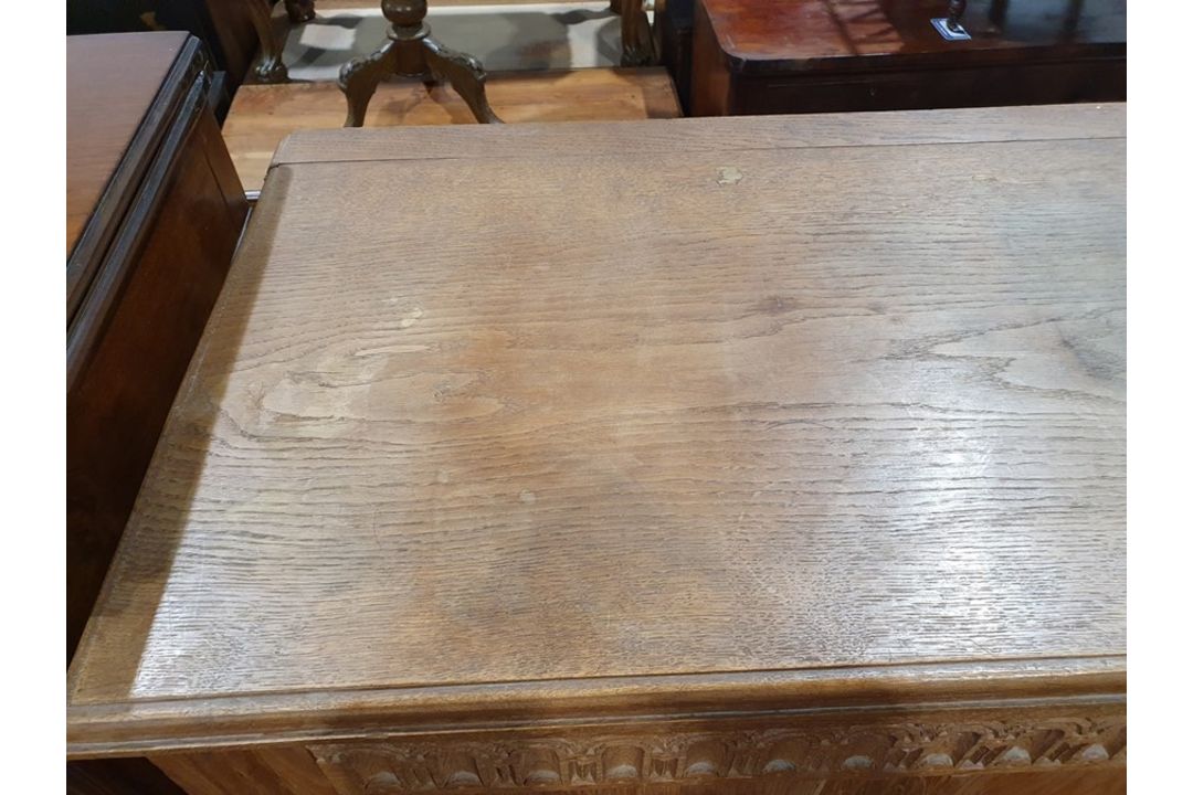 20th century oak coffer, rectangular top with moulded edge, three panels to the front, shaped - Image 9 of 24