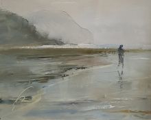 British School - 20th century Acrylic on canvas board Coastal scene with figure, 18 x 22cm