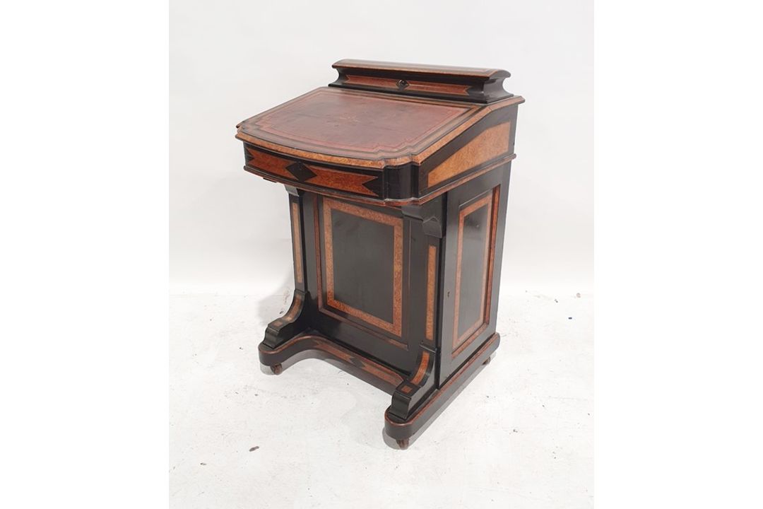 Partly ebonised burrwood 19th century Davenport desk with leather inset to the slope, 57cm x 90cm - Image 1 of 9