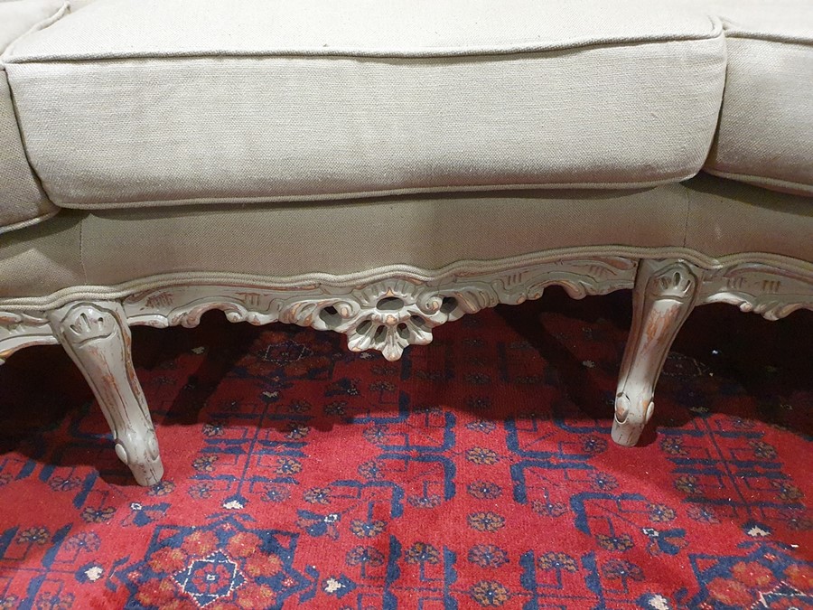 Modern French-style beige painted and upholstered curved three-seat sofa and cushions Condition - Image 11 of 24