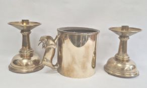 Heavy cylindrical brass pot with antelope pattern handle and a pair heavy brass low table