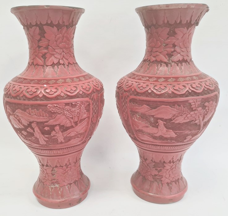 Pair Chinese cinnabar lacquer vases, inverse baluster shaped with panels of figures in landscape, - Image 2 of 8