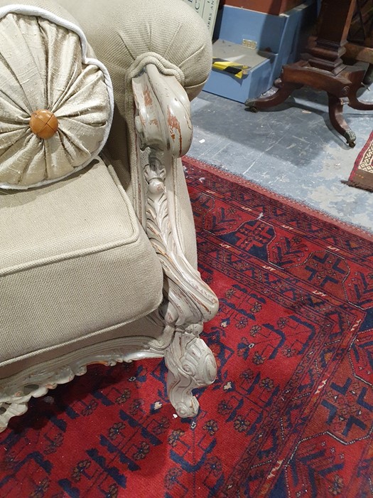 Modern French-style beige painted and upholstered curved three-seat sofa and cushions Condition - Image 9 of 24