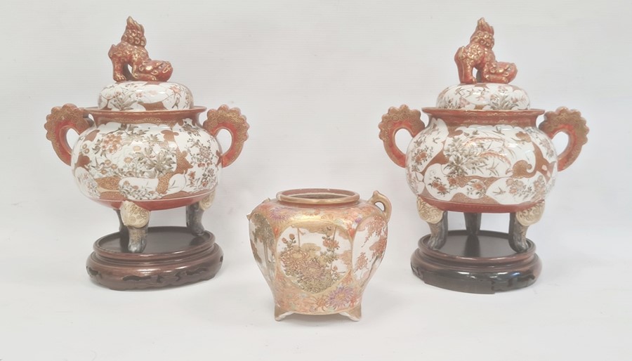 Pair Japanese Kutani earthenware koros, each with domed lid having temple lion finial, the bulbous - Image 15 of 28