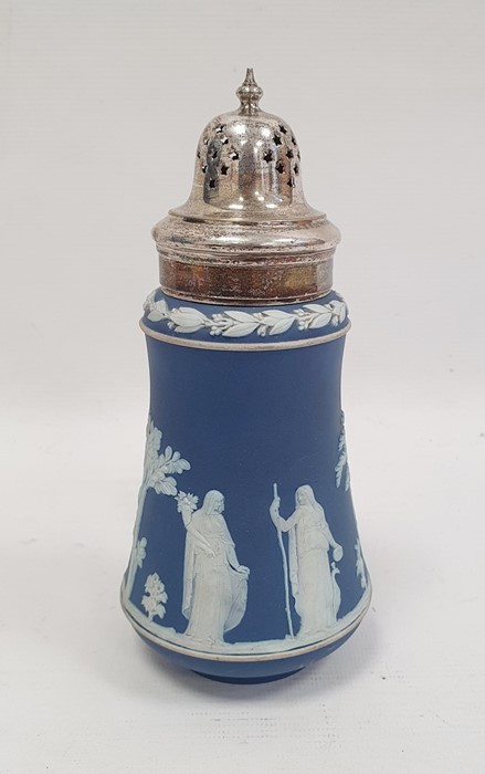 Wedgwood blue and white jasperware and silver plated sugar caster (lid loose)