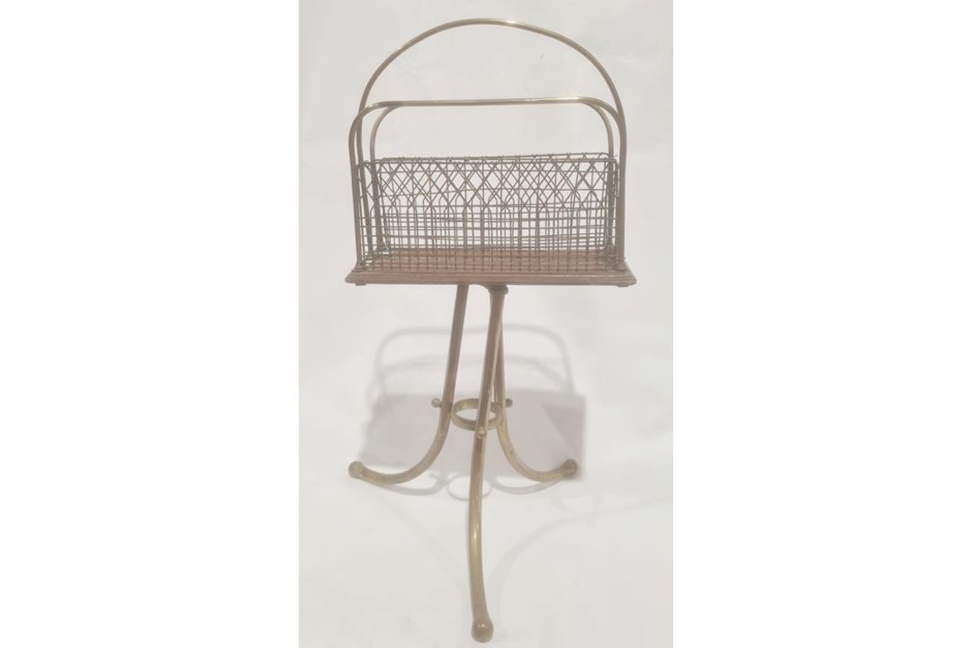 19th century brass and oak magazine rack with two sections, on brass base