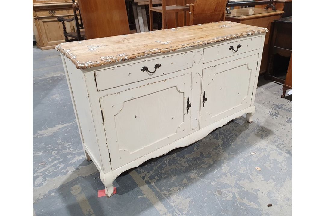 Modern sideboard in the shabby chic taste, the oak top on cream painted base with two drawers, two