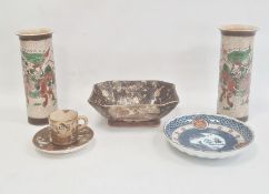 Japanese Satsuma earthenware coffee can and saucer decorated with deities, Japanese porcelain saucer