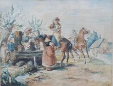 British school (19th century)  Watercolour  Horsemen having a refreshment, signed indistinctly and