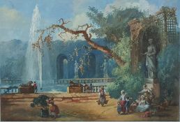 Continental School - 19th century Watercolour Figures in a garden with lake and statues, Unsigned 24