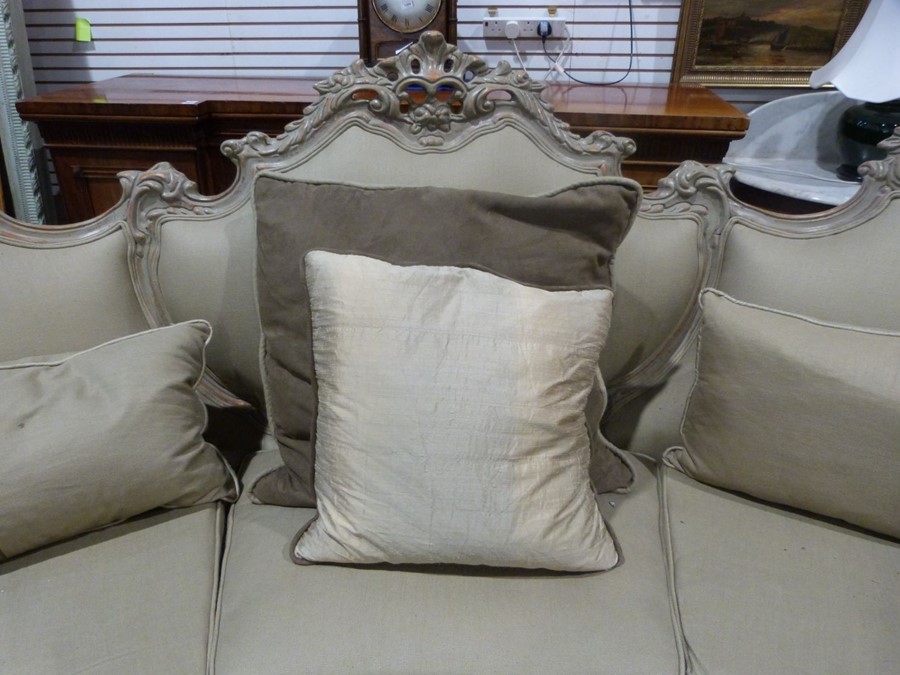 Modern French-style beige painted and upholstered curved three-seat sofa and cushions Condition - Image 4 of 24