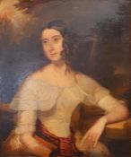 British school (19th century) Oil on canvas Half-length portrait of a seated lady with red sash,
