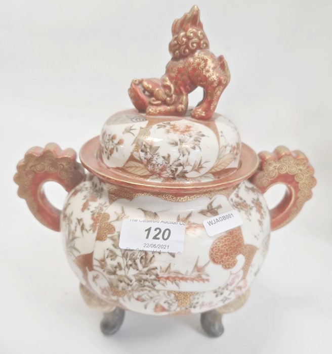 Pair Japanese Kutani earthenware koros, each with domed lid having temple lion finial, the bulbous - Image 9 of 28