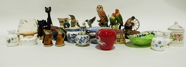 Crown Devon vase decorated with horses on a scarlet ground, a Wedgwood Wild Strawberry box and