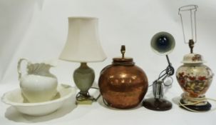 Large table lamp with circle copper base, a ceramic ginger jar and cover converted into a table