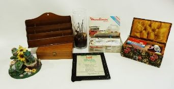 Magazine rack, assorted cushions, a metal model of a peacock and a box of miscellanea including a