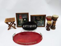 Oval red tray with part gallery, a framed footballing memento collection, assorted vases and