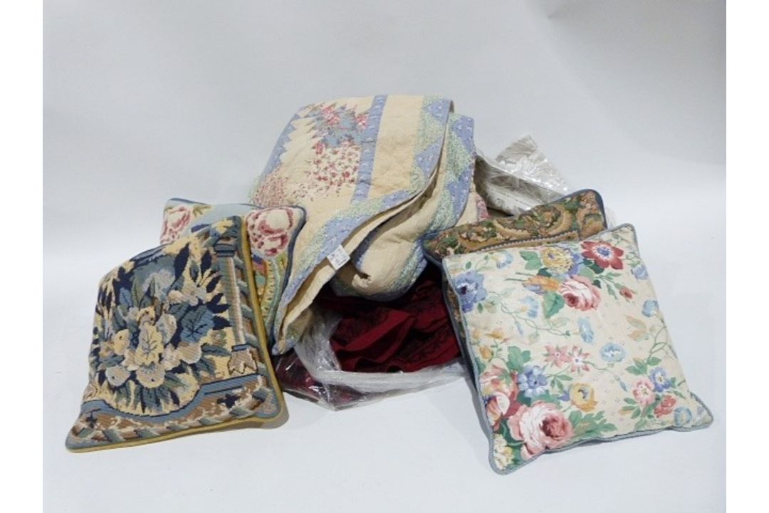 Quantity of textiles including a patchwork quilt, a needlework cushion, a vintage leather - Image 2 of 2
