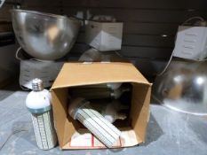 Three large industrial ceiling lights with aluminium shades and electrical fittings and a box of LED