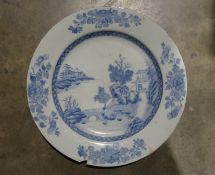 Chinese porcelain plaque, underglaze blue lakeside landscape painted decoration, 36 cm diam (