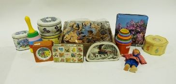 Vintage wooden jigsaw puzzle depicting a cow jumped over the moon nursery rhyme, other vintage toys,