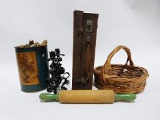 Quantity of textiles including a patchwork quilt, a needlework cushion, a vintage leather