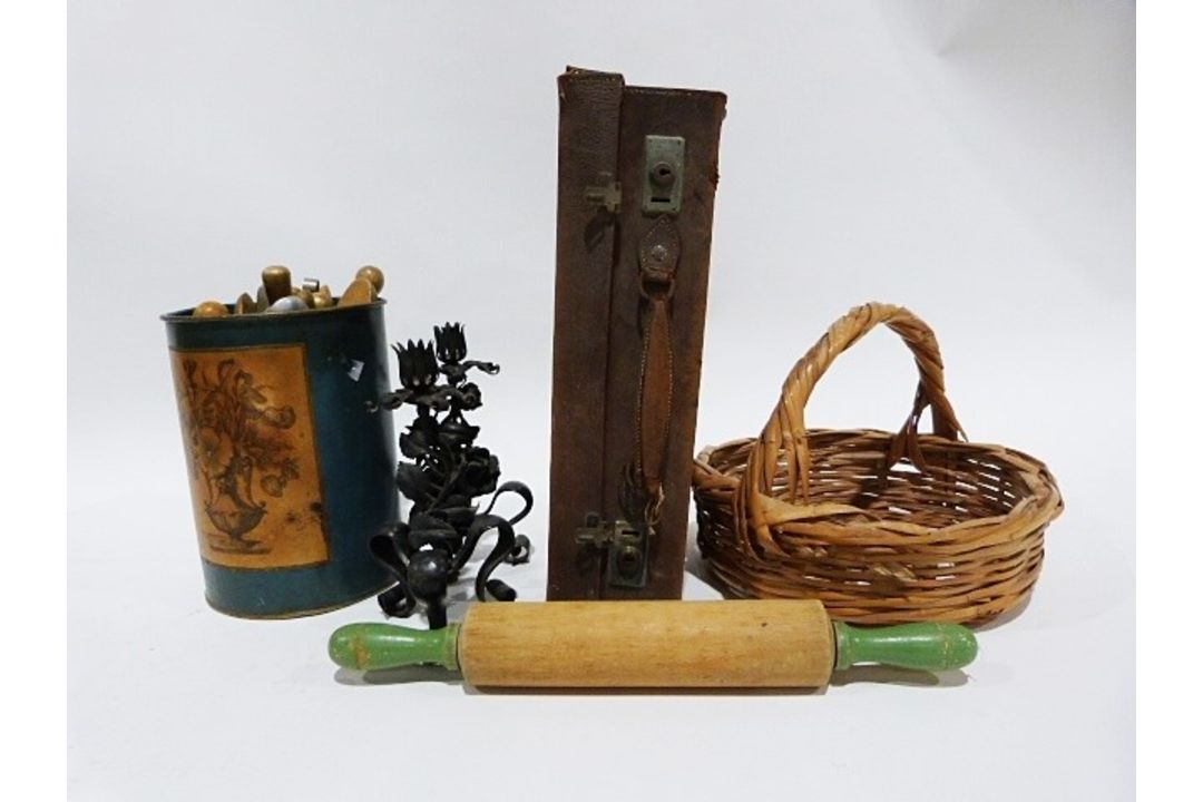 Quantity of textiles including a patchwork quilt, a needlework cushion, a vintage leather - Image 1 of 2