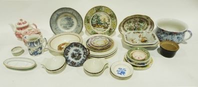 Wooden model cart, a carved wooden book slide, two oil lamps, a box of assorted ceramics and two