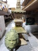 Concrete green man garden decoration and a concrete pagoda garden ornamentCondition ReportGreen man: