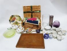 Amethyst glass goblet, Portmeirion Botanic Garden mugs, large glass vase, assorted textiles, etc. in