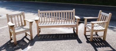 Hardwood garden bench with slatted back and seat, 161cm wide and two matching armchairs (3)