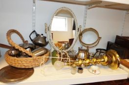 Brushed brass table lamp, cream painted toilet mirror, basket, frog model and other decorative items