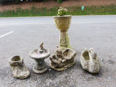 Stone-effect garden swan planter, 37cm wide, a small bird bath, 29cm diameter, a reproduction