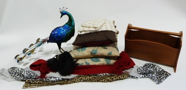 Magazine rack, assorted cushions, a metal model of a peacock and a box of miscellanea including a - Image 2 of 2
