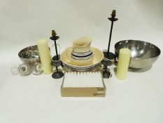 Metal table lamp with circular base on three feet, a similar smaller example, large metal mixing