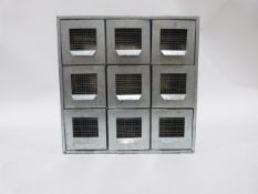 Galvanised set of nine small drawers
