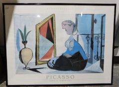 Assorted framed prints and posters and three Eastern needlework pieces (6)