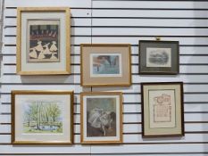 Quantity of framed prints, a wooden easel, a two handled wooden tray, assorted lampshades, etc.(3