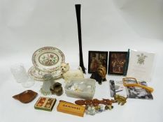 Two pottery models of Yorkshire terriers, a slender tall art glass vase, three graduated meat plates