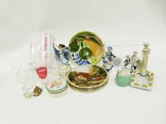 Glass decanter, two wire ceiling light frames, a basket of assorted items, various crockery and