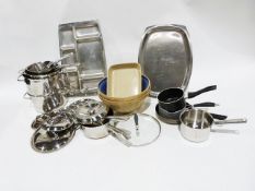 Two large vintage mixing bowls and other kitchenware including saucepans, stainless steel etc.
