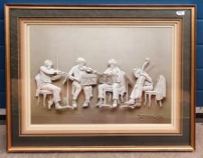 Print of musicians with 3D effect, signed Reinhard 1976